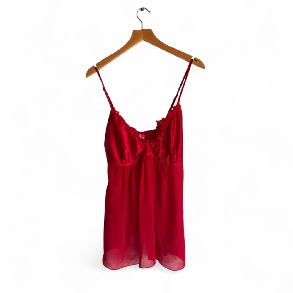 Cosmopolitan red sheer cami too with lace trim and beading y2k